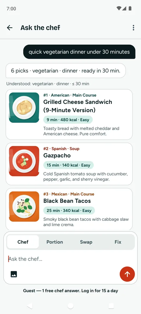 The chef chat answering "quick vegetarian dinner under 30 minutes" with three recipe cards, each with its plate illustration.