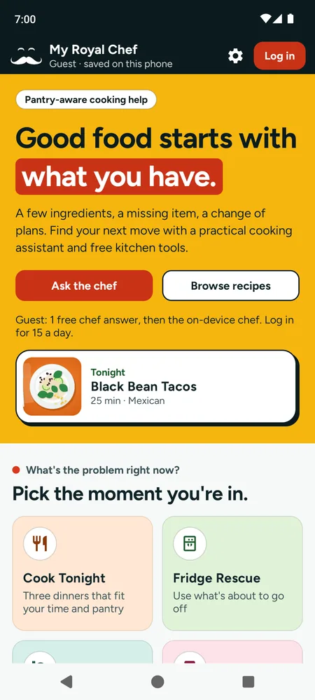 The app home screen: a saffron hero that reads "Good food starts with what you have", with a recipe suggested for tonight.