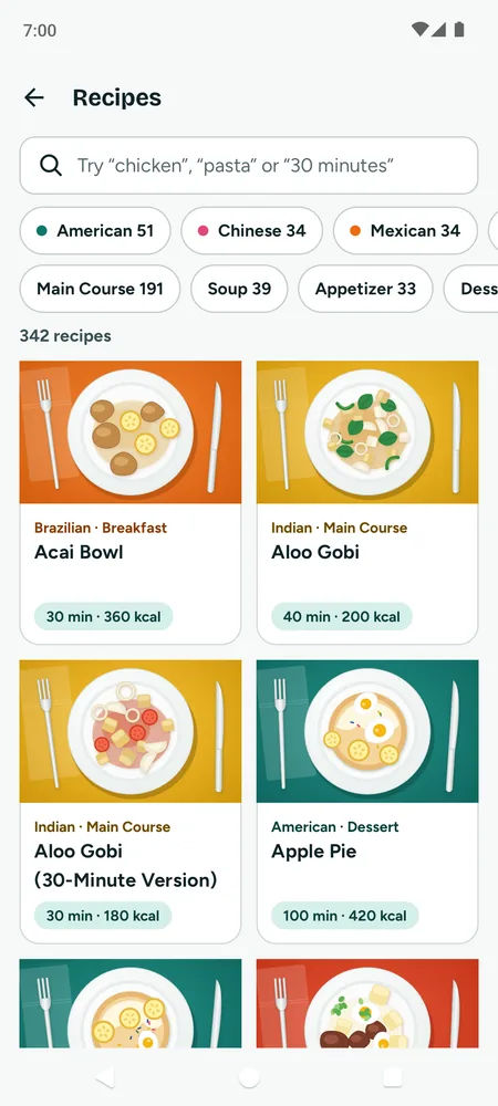 The recipe library: search, cuisine filters and a grid of recipe cards.