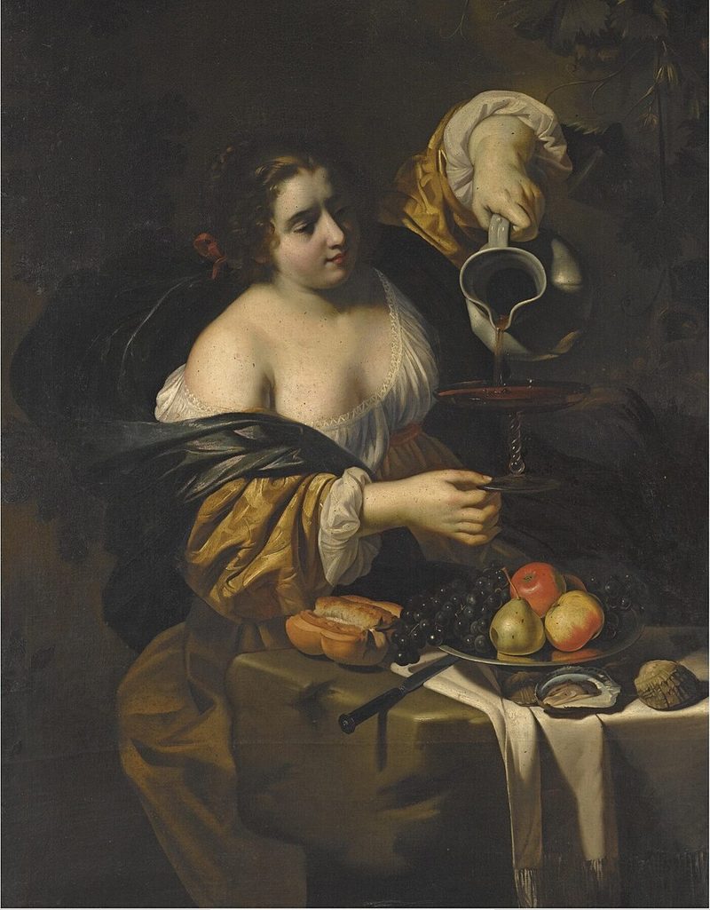 Painting of a young woman pouring red wine from a pitcher into a glass