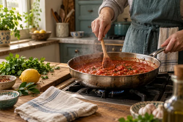 A cook stirring tomato sauce in a pan