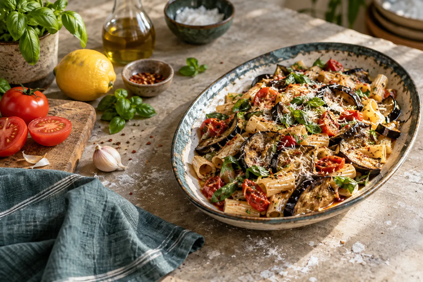 Pasta with roasted eggplant, tomatoes and basil on a kitchen table